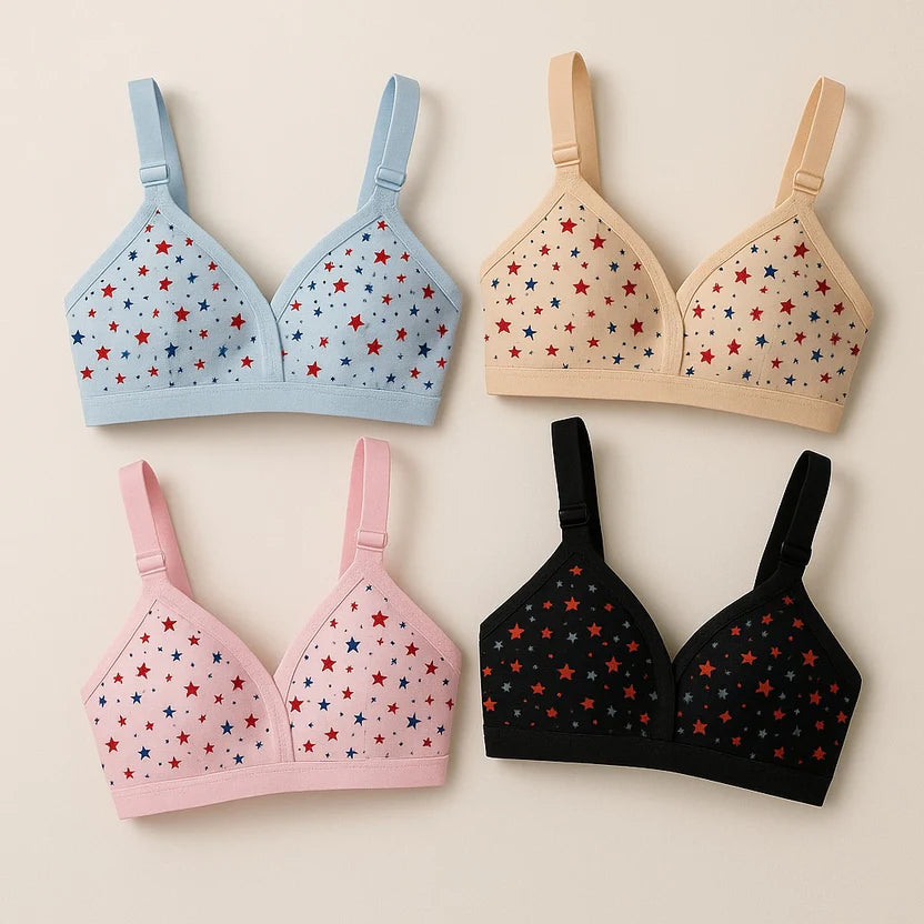 Pack Of 4 Soft Cotton Hosiery Fabric Imported Style Printed Bra